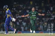 COLOMBO, SRI LANKA - FEBRUARY 26:  Shoaib Akhtar (R) of Pakistan celebrates bowling Thisara Perera (L) of Sri Lanka during the Pakistan v Sri Lanka 2011 ICC World Cup Group A match at the R. Premadasa Stadium on February 26, 2011 in Colombo, Sri Lanka.  (Photo by Michael Steele/Getty Images)